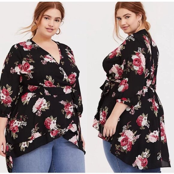 Torrid Womens Floral Georgette Wrap Tunic Blouse Top Size 2X Waterfall Front NWT - Picture 2 of 16